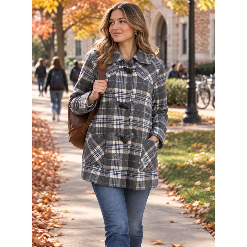 VTG Pendleton Jacket Womens L Preppy Cottage Gray Plaid Wool Toggle Closure